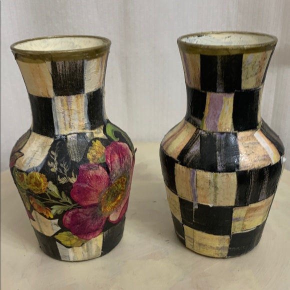 Vintage Bud Vases Flower Market Courtly Check Decoupaged Mackenzie Childs - Picture 4 of 8